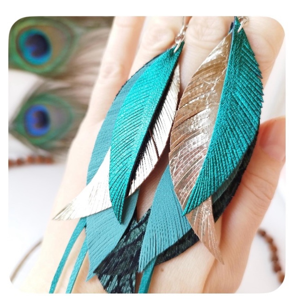 Elegant Teal and Silver Feather Earrings